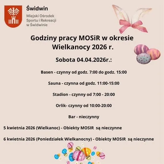 Godziny pracy MOSiR w okresie Wielkanocy 2026